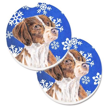 Carolines Treasures Brittany Winter Snowflakes Holiday Set of 2 Cup Holder Car Coaster SC9389CARC